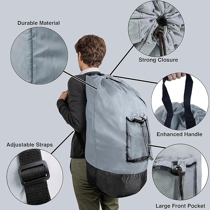 Laundry Bag Backpack with Shoulder Straps and Mesh Pocket Laundry Backpack - Image 3