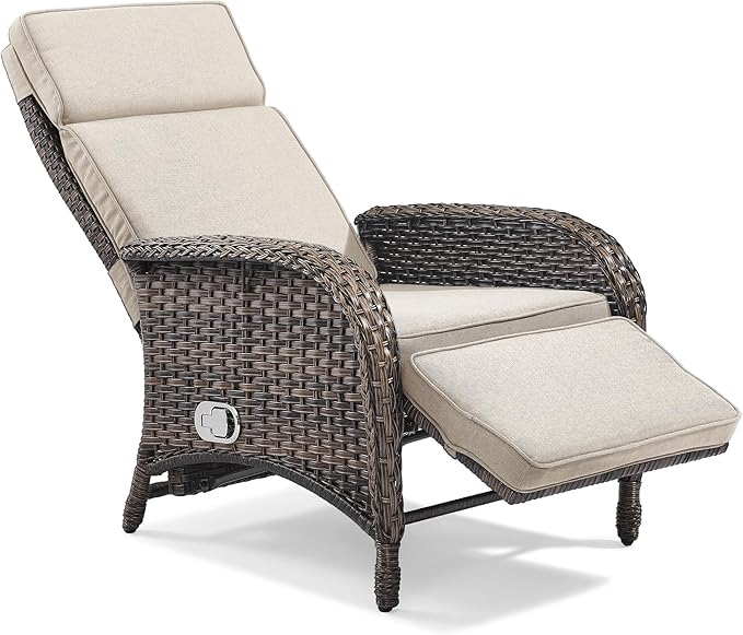 Zero Gravity Wicker Patio Recliner Chair - Wicker Outdoor Lounge Chair with Adjustable Backrest & Footrest, All Weather Outdoor Reclining Chairs with Thick Cushion for Pool Deck Beige - Image 7