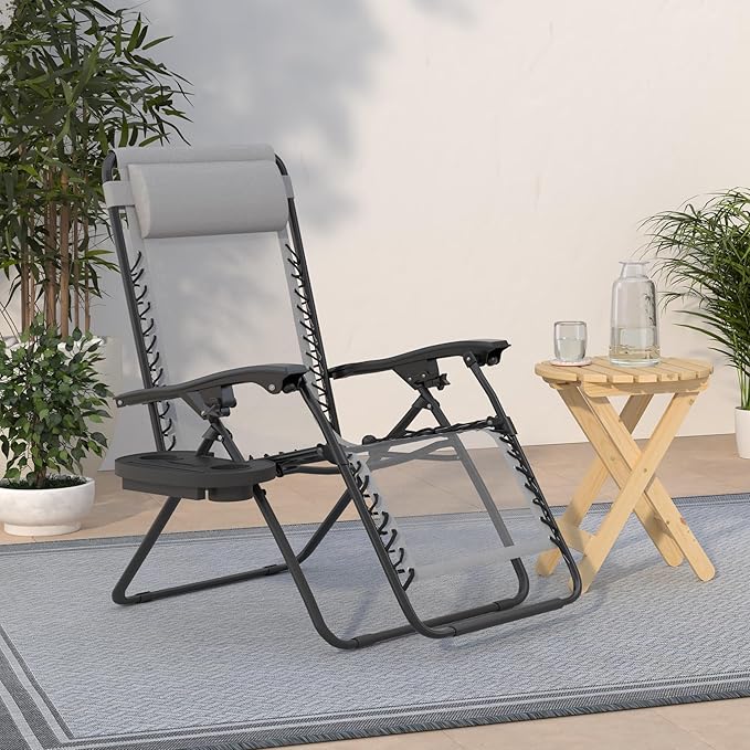 Best Choice Products Set of 2 Adjustable Steel Mesh Zero Gravity Lounge Chair Recliners w/Pillows and Cup Holder Trays - Ice Gray - Image 2