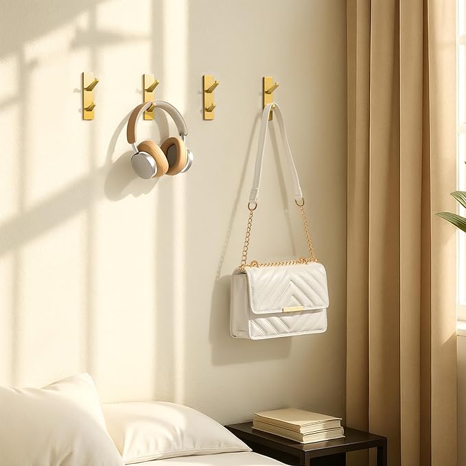 Gold Wall Hooks for Coat Towel: 13LB Adhesive Door Hanger Stick on, 4 Pack - Image 4