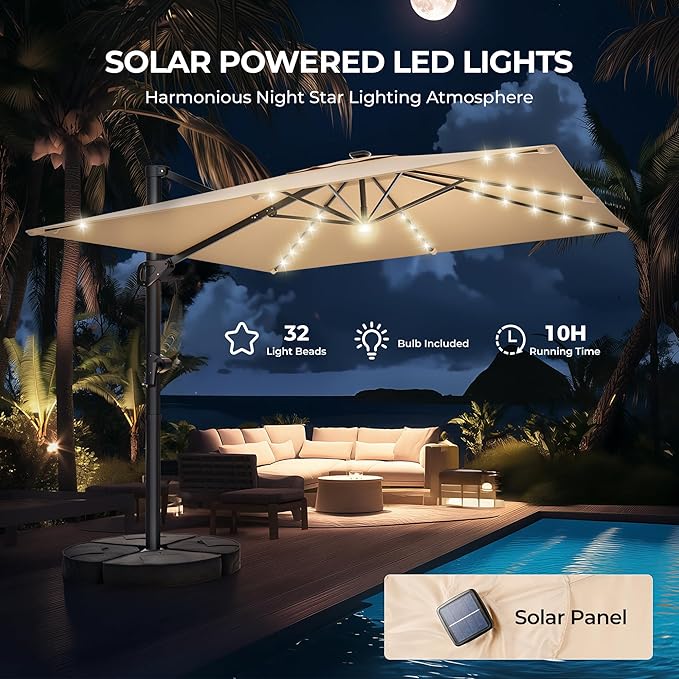 HOMSHADE 10 ft Square Cantilever Patio Umbrella with Base Included, Solar Lights Large Umbrella Outdoor Patio with 360°Rotation&Tilting, LED Lighted Offset Umbrellas w/Stand for Pool Deck - Image 2