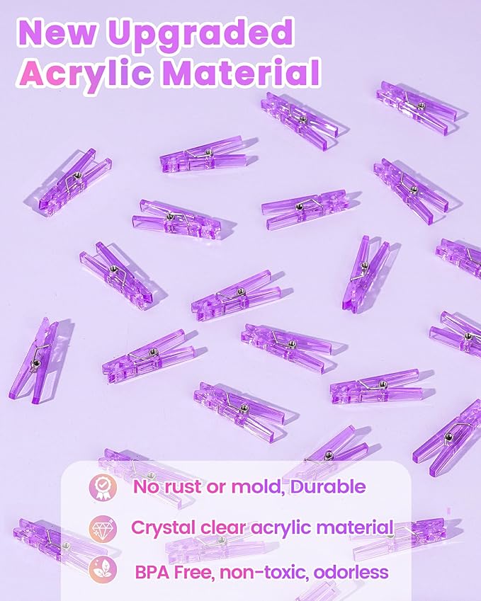 60PCS Purple Clothes Pins for Baby Shower Games Girl, Transparent Acrylic - Image 2