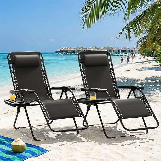Homall Zero Gravity Chair Patio Folding Lawn Outdoor Lounge Gravity Camp Reclining Lounge Chair with Cup Holder Pillows for Poolside Backyard and Beach Set of 4 (Black) - Image 4