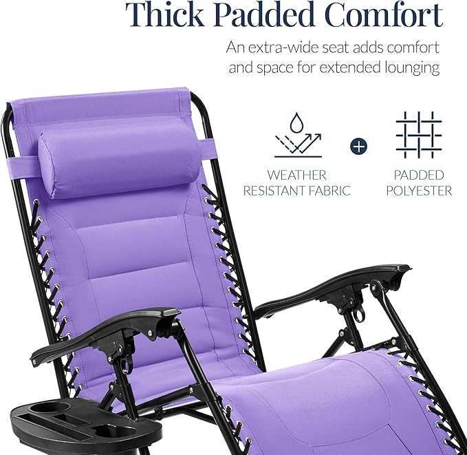 Best Choice Products Oversized Padded Zero Gravity Chair, Folding Outdoor Patio Recliner, XL Anti Gravity Lounger for Backyard w/Headrest, Cup Holder, Side Tray, Polyester Mesh - Violet - Image 4