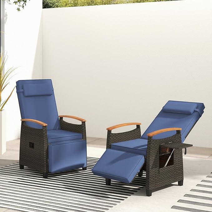 RELAX4LIFE Rattan Outdoor Recliner Chair - Wicker Chaise Lounge Chair w/Adjustable Back & Footrest, Acacia Wood Armrests, Flip Side Table, Cushion, Reclining Patio Chair for Pool Yard (1, Navy) - Image 8