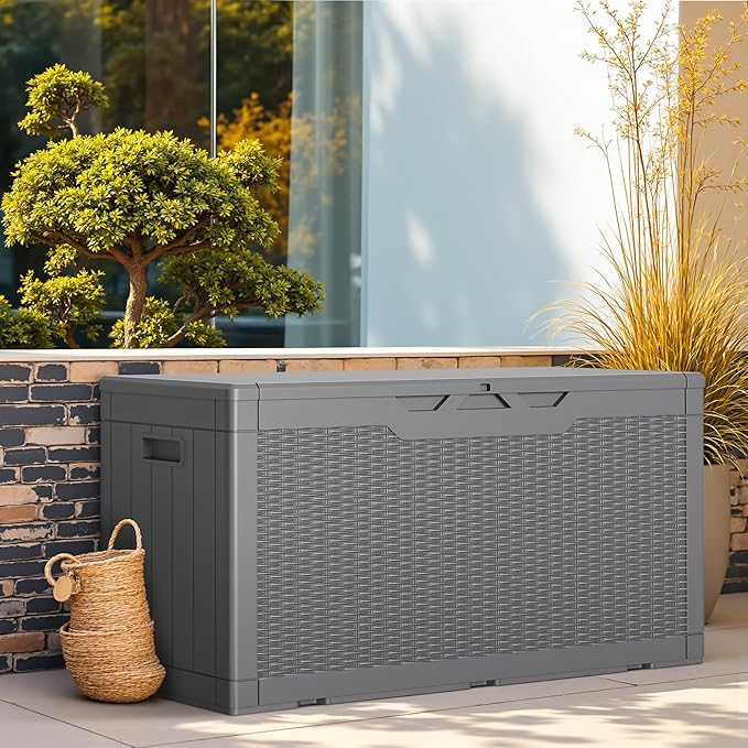Greesum Outdoor Storage Box 100 Gallon Storage Bin with Lid for Patio Furniture, Garden Tools, Pool Supplies, Lockable, Waterproof and UV Resistant, Gray - Image 2