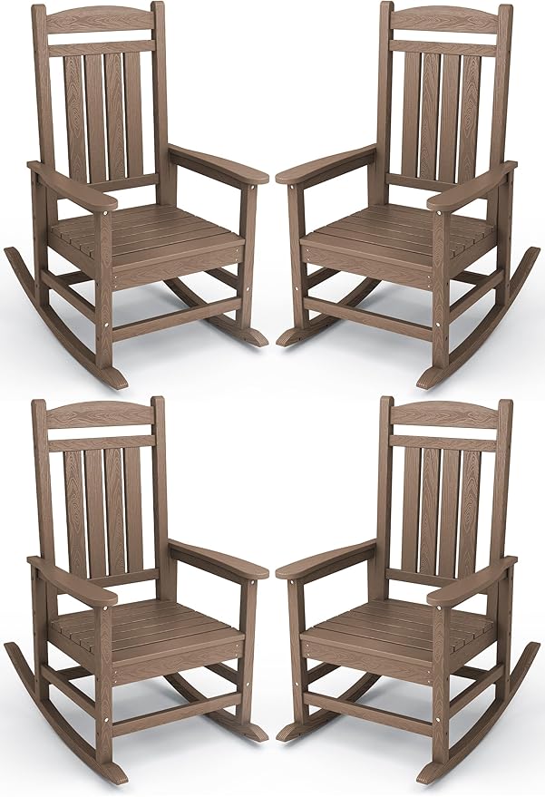 KINGYES HDPE Outdoor Rocking Chair Set of 4, All-Weather Poly Patio Rocking Chairs with 330lbs Support for Adults, Brown by KINGYES