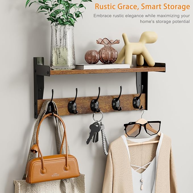 Wall Hooks with Shelf, Wood Coat Rack with Shelf Wall-Mounted, Entryway Hanging - Image 6