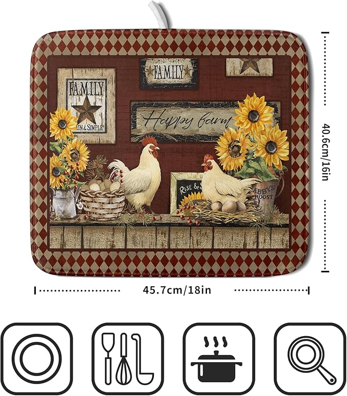 Vintage Rooster Dish Drying Mat 16x18 Inch Farmhouse Chicken Dish Drainer Pad - Image 2