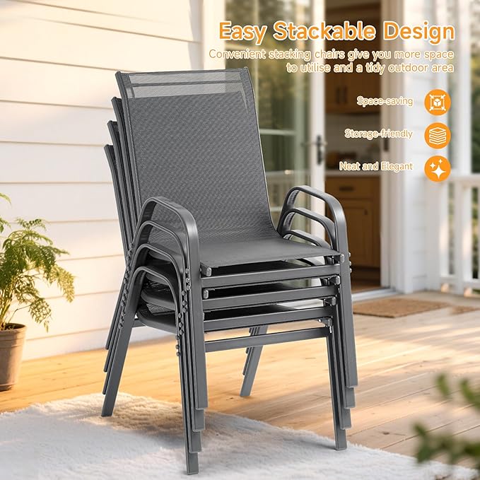 ONBRILL Patio Chairs set of 2, Easy Assembly Stackable Outdoor Dining Chairs with Wide Seat and Sturdy Metal Frame, Breathable All Weather Textilene Outdoor Chairs Set of 2 for Deck, Pool, Porch, Grey - Image 4