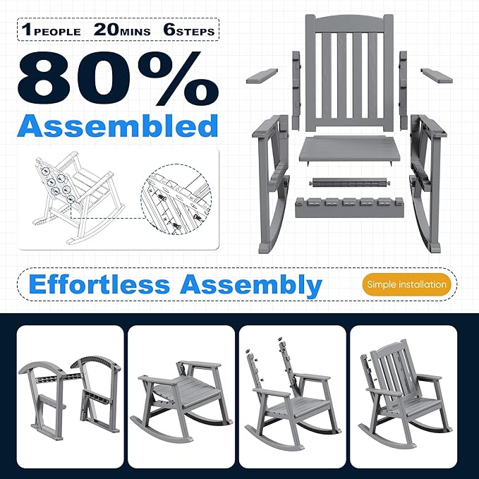 Devoko PP Material Rocking Chair Outdoor Indoor All Weather High Back Patio Rocker for Adult Heavy Duty Rocking Chair for Patio Backyard Porch Garden (Heavy Duty, Gray) - Image 5