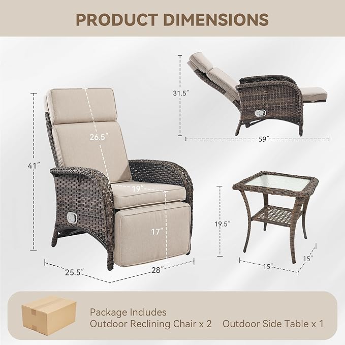 3 Pieces Zero Gravity Wicker Patio Recliner Chairs Set of 2 - Wicker Outdoor Lounge Chair with Side Table, Adjustable Backrest & Footrest, High Back Outdoor Recliner Chair for Pool Deck Beige - Image 2