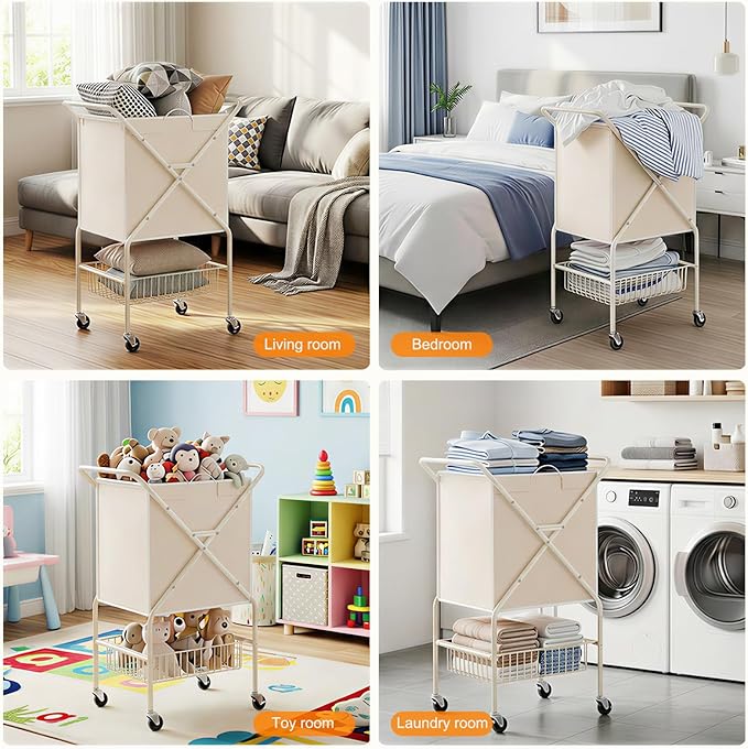 Laundry Basket with Wheels:88L Rolling Laundry Cart Foldable Metal Frame Dirty - Image 7