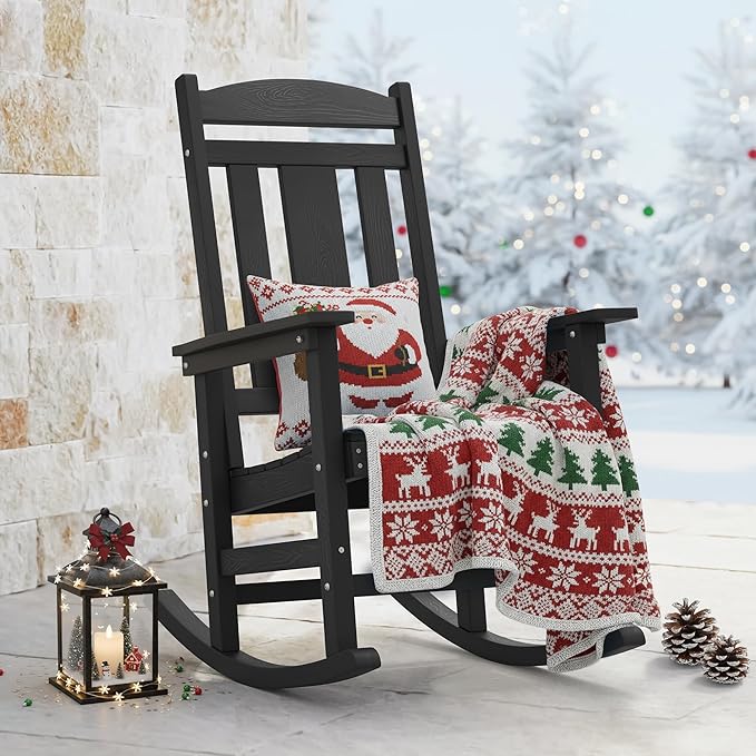 LUE BONA Rocking Chair Outdoor, Weather Resistant Poly Plastic Rocker Chairs, 350lb Heavy Duty, Oversized Porch for Adult, High Back Smooth Chairs Outdoor & Indoor, Black by LUEBONA