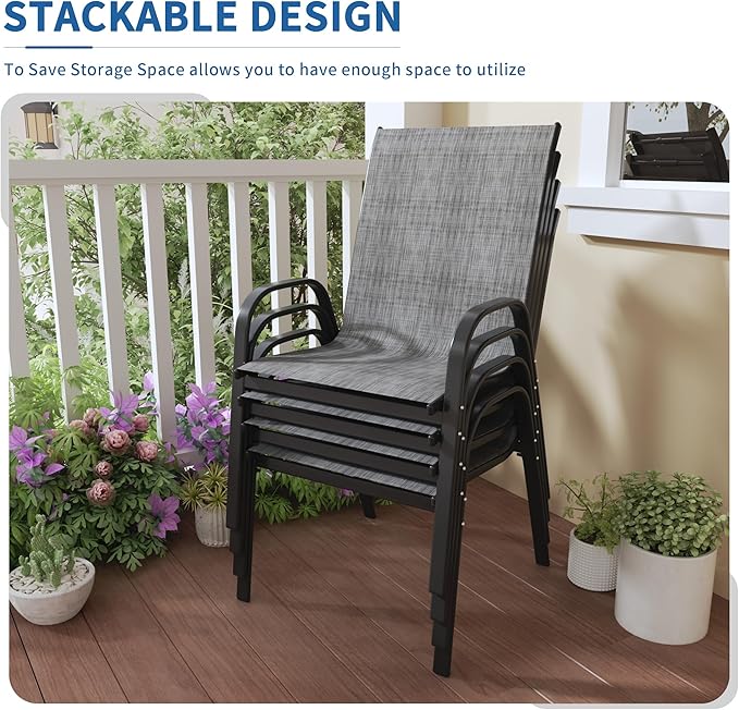 PIZZELLO Patio Chairs Set of 4, Outdoor Stackable Dining Chairs for All Weather, Lightweight Textilene Outdoor Chair Sets with Armrests, 330Lbs Capacity, for Backyard Porch Poolside Garden (Grey) - Image 3