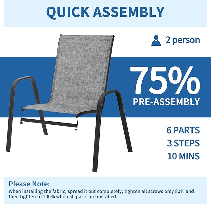 PIZZELLO Patio Chairs Set of 6 - Outdoor Stackable Dining Chairs for All Weather - Lightweight Textilene Outdoor Chair Sets with Armrests - 330Lbs Capacity - for Backyard Garden Porch Poolside (Grey) - Image 6
