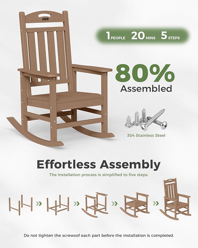 Oversized Outdoor Rocking Chairs Set of 4, High Back Porch Rocker Chair, HDPE All Weather Resistant Rocking Chairs for Patio,380lbs Weight Capacity, Teak - Image 6