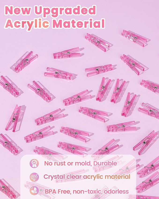 60PCS Pink Clothes Pins for Baby Shower Games Girl, Transparent Acrylic Clothes - Image 2