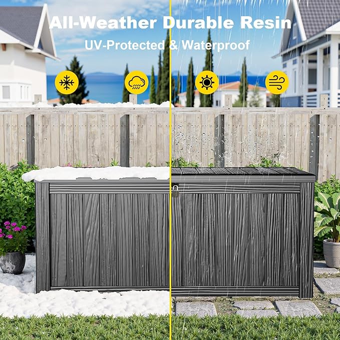 150 Gallon Outdoor Storage Box, Weather Resistant & Waterproof Resin Deck Box with UV Protection, Rattan Black Patio Storage Cabinet for Garden, Patio, Porch, Poolside(Black) - Image 7