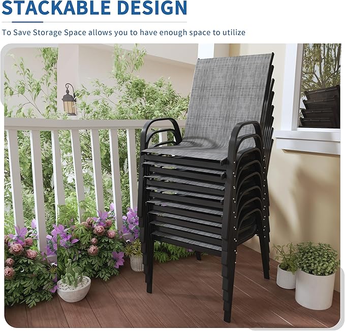 PIZZELLO Patio Chairs Set of 8 - Outdoor Stackable Dining Chairs for All Weather - Lightweight Textilene Outdoor Chair Sets with Armrests - 330Lbs Capacity - for Backyard Garden Porch Poolside (Grey) - Image 3