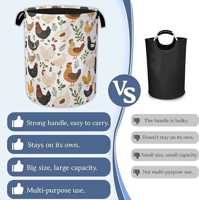 Rooster Hen Chick Laundry Basket, Foldable Waterproof Oxford Cloth Tote Bag - Image 3
