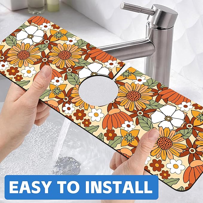 70s Retro Orange Floral Kitchen Sink Splash Guard Mat Absorbent Fast Drying Mat - Image 6