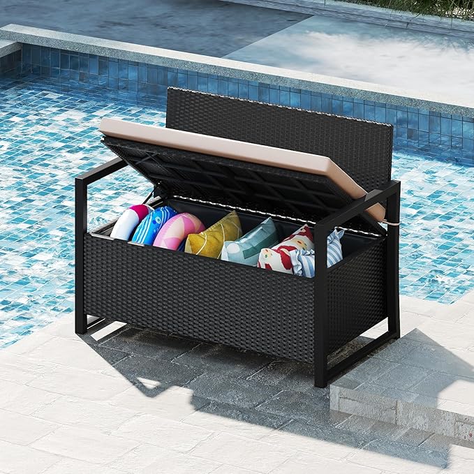 RELAX4LIFE Wicker Outdoor Bench with Storage - Rattan Deck Box w/Protective Liner for Pillows, Pool Supplies, Garden Tools, Patio Loveseat with Seat Cushion & Metal Armrests for Backyard Porch Balcony - Image 8