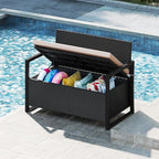 RELAX4LIFE Wicker Outdoor Bench with Storage - Rattan Deck Box w/Protective Liner for Pillows, Pool Supplies, Garden Tools, Patio Loveseat with Seat Cushion & Metal Armrests for Backyard Porch Balcony - Image 8