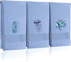 3 Pack Ocean Hand Towels for Bathroom 100% Cotton Embroidered Seahorse by Hahafelt