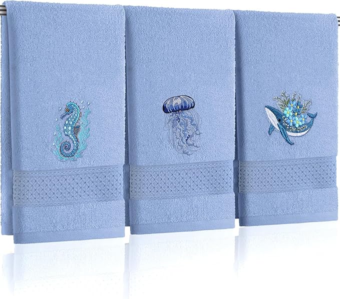 3 Pack Ocean Hand Towels for Bathroom 100% Cotton Embroidered Seahorse by Hahafelt