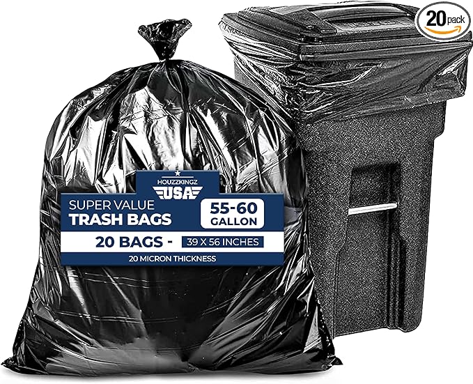 55 Gallon Large Trash Bags 20 Black Contractor Garbage Bags | Heavy Duty Lawn by Houzzkingzusa