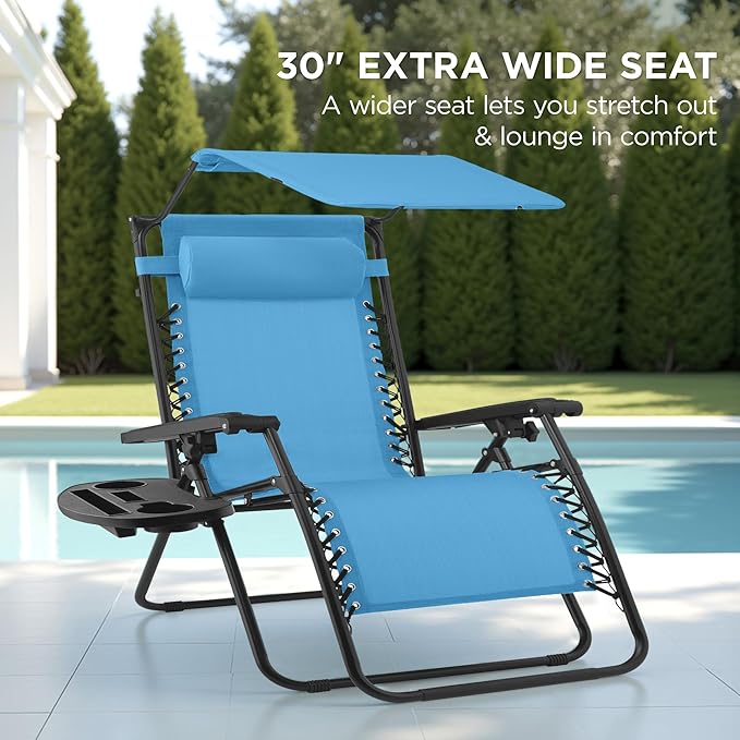 Best Choice Products 30” Wide Folding Zero Gravity Outdoor Recliner Patio Lounge Chair w/Adjustable Canopy Shade, Headrest, Side Accessory Tray - Light Blue - Image 3