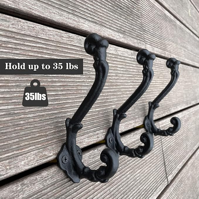 4 Pack Cast Iron Wall Hooks Antique Vintage Rustic Farmhouse Coat Hooks - Image 2
