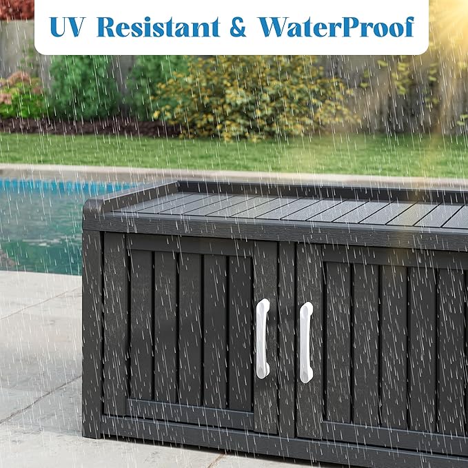 2-Tier Storage Bench, Waterproof UV-Resistant Outdoor Shoe Storage Cabinet with 2 Doors & Adjustable Shelves for Indoor Outdoor Entryway, Hallway, Living Room (Black) - Image 5