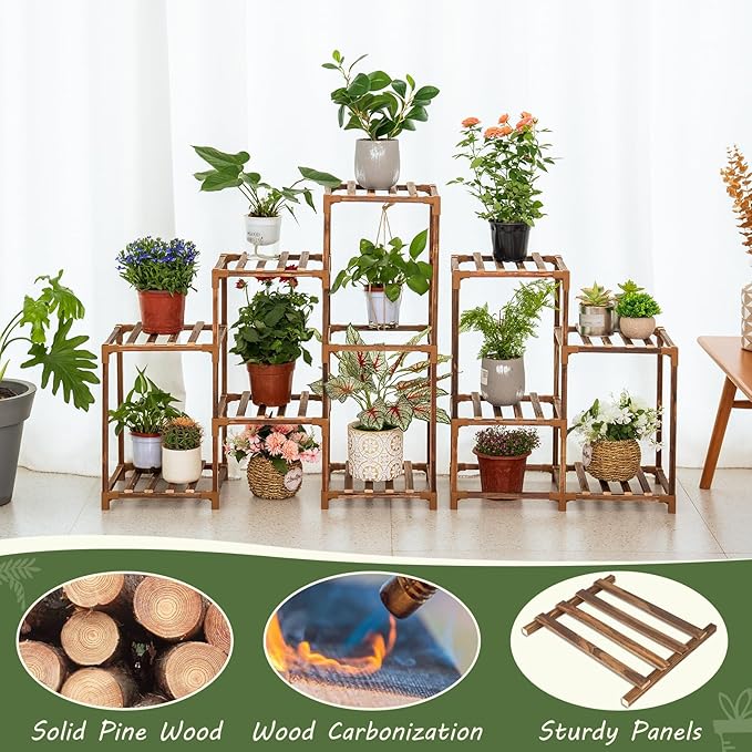 Uneedem Wood Plant Stand Indoor Outdoor Corner Plant Shelf Stand, 5 Tiered 10 Potted Flower Plant Stands for Indoor Plants Multiple, Plant Shelves Stands Rack for Living Room, Patio, Balcony - Image 2