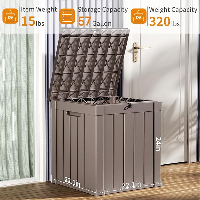 ROJIK 57 Gallon Outdoor Storage Housing Deck Box - Waterproof Patio Furniture, Garden Tools, Cushions, Pool Accessories Storage Bench with Lockable Lid and Side Handles（Grey） - Image 3