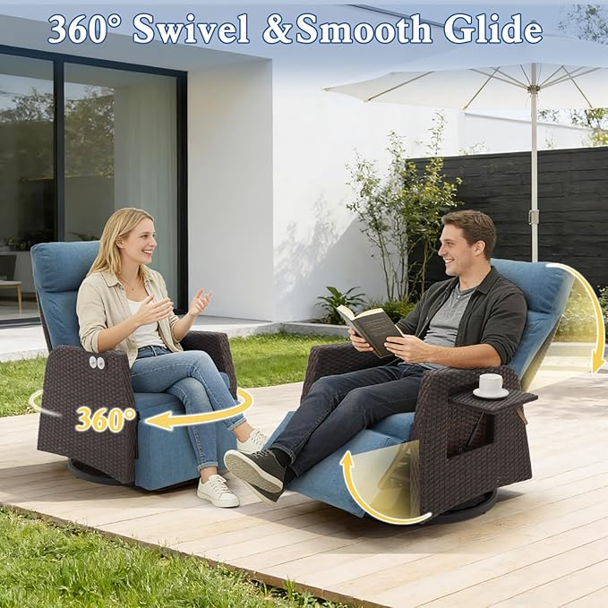 Adjustable Outdoor Recliner Chair with Independent Backrest & Footrest, Patio Swivel Recliner Chair, Wicker Reclining Patio Chair w/Flip-Up Table, 155° Lay Flat Chaise Lounge, Blue, 2PCS - Image 3