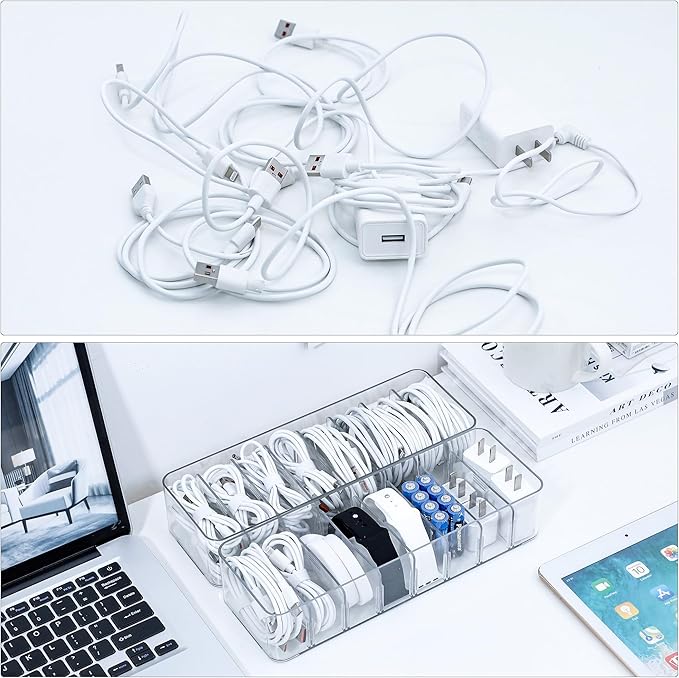 Clear Cable Cord Organizer Box, Adjustable Desk Drawer Storage Case - Image 3