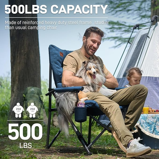 EVER ADVANCED Padded Oversized Folding Camping Chair for Adults, Heavy Duty Lawn Chair with Side Pockets, Portable Collapsible Quad Chair for Outside, Support Up to 500lbs, Blue - Image 4