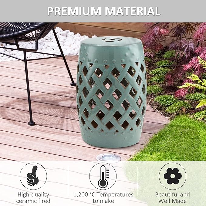 Outsunny 13" x 18" Ceramic Garden Stool with Woven Lattice Design & Glazed Strong Materials Decorative Outdoor Stool, Antique Blue - Image 4