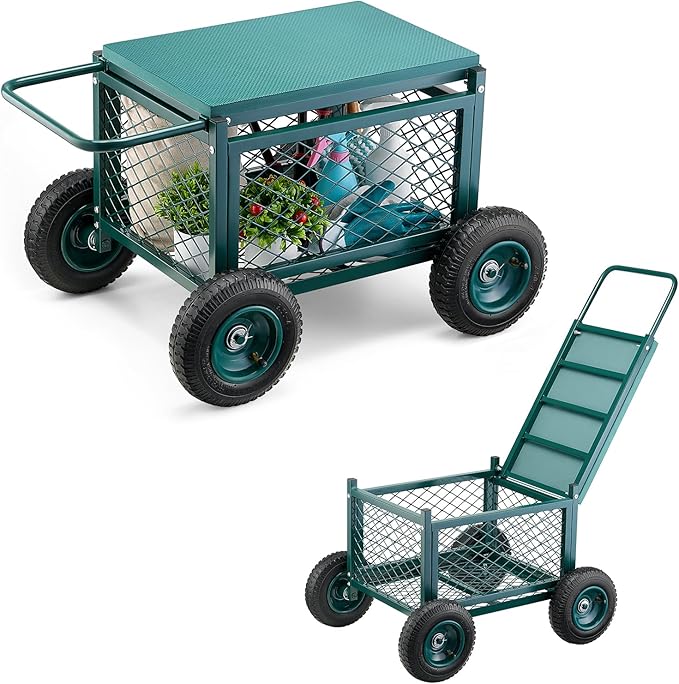 VEVOR Rolling Garden Cart with Seat, Metal Rolling Garden Work Seat with Wheels, Supports up to 400 LBS, Heavy Duty Gardening Cart Scooter, Outdoor Wagon & Stool on Wheels for Lawn, Patio, Backyard by VEVOR