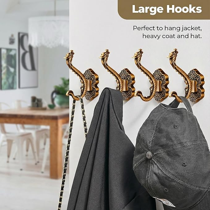 3 Pack Coat Hooks Metal Vintage Dragon Shape Hooks, Heavy Duty Large Double Hook - Image 5