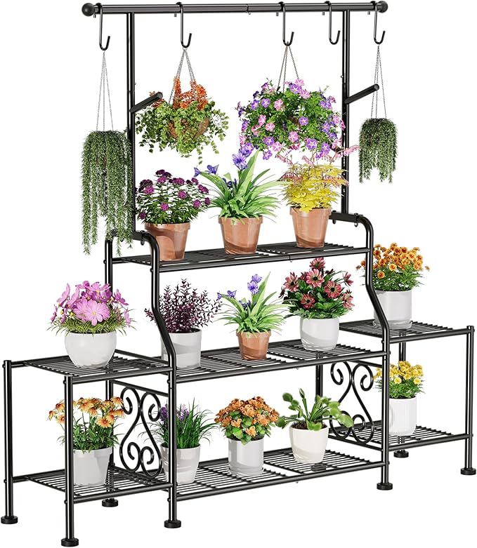 GIOTORENT 3-Tier Tall Metal Plant Stand Indoor Outdoor - Heavy Duty Plant Shelf for Garden, Patio, Balcony with 5 Hanging Hooks, Holds 16-25 Plants, Black by GIOTORENT