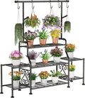 GIOTORENT 3-Tier Tall Metal Plant Stand Indoor Outdoor - Heavy Duty Plant Shelf for Garden, Patio, Balcony with 5 Hanging Hooks, Holds 16-25 Plants, Black by GIOTORENT