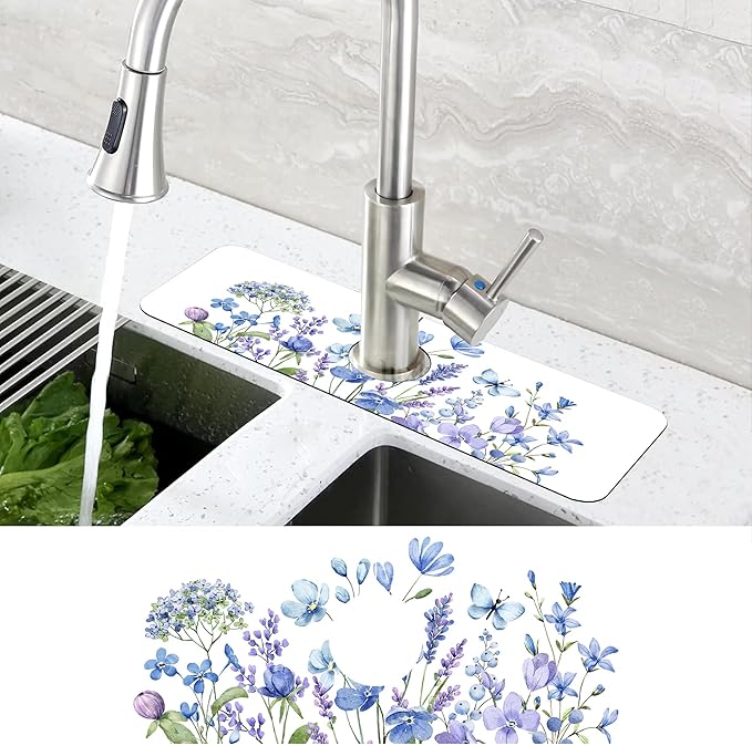 Watercolor Floral Butterfly Sink Faucet Absorbing Mat Sink Splash Guard Faucet - Image 4