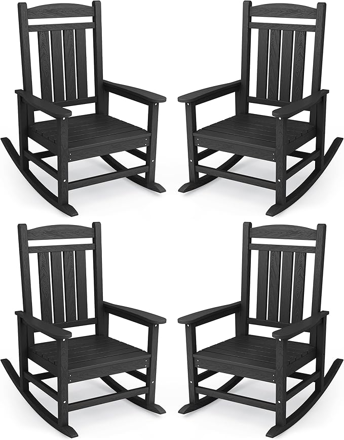 KINGYES HDPE Outdoor Rocking Chair Set of 4, Widened Seat Patio Rocking Chair, Oversized All Weather Patio Rocker, Black by KINGYES