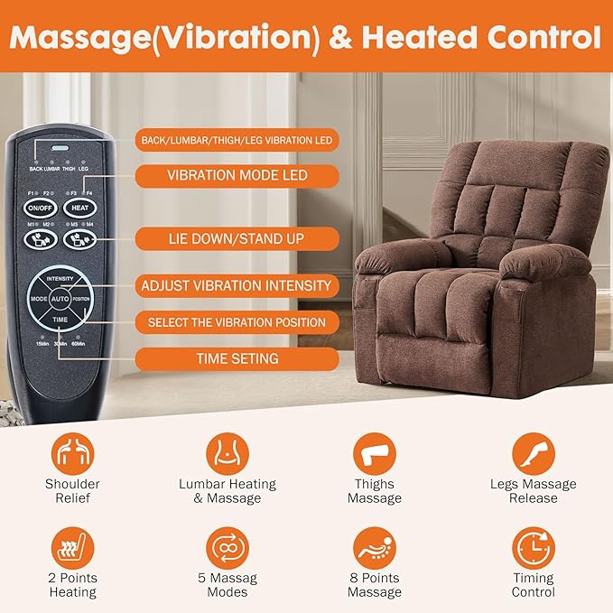Sweetcrispy Power Lift Recliner Chair with Vibration Massage and Heat for Adults, Ergonomic Overstuffed Breathable Fabric Reclining Chair with Side Pockets, Remote Control, Living Room, Bedroom, Brown - Image 5