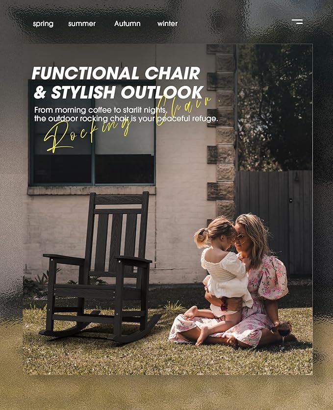KINGYES Oversized Outdoor Rocking Chair, All-Weather Patio Rocking Chairs for Porch, HDPE Outdoor Patio Rockers with High Back & Wide Seat for Garden, Lawn, Black - Image 8