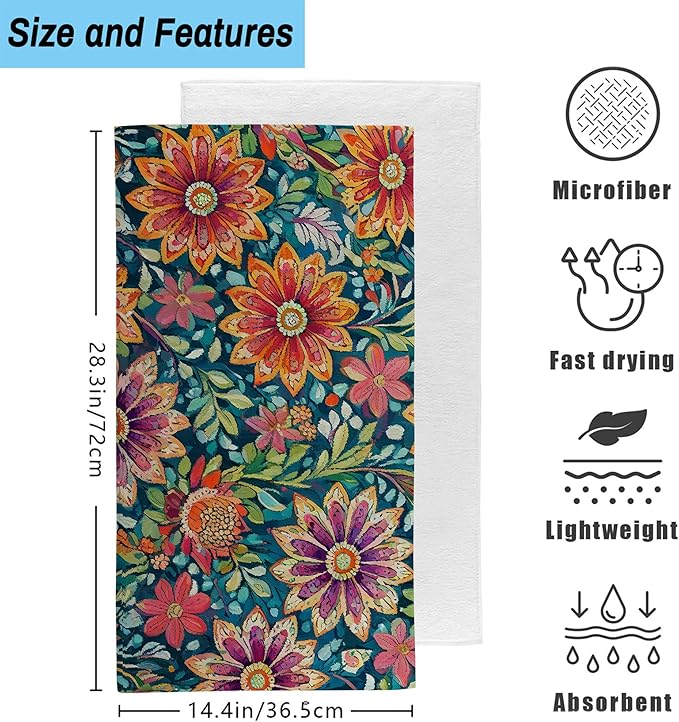 Boho Flowers Bathroom Hand Towel Set of 2, Vintage Colorful Floral Fingertip - Image 2