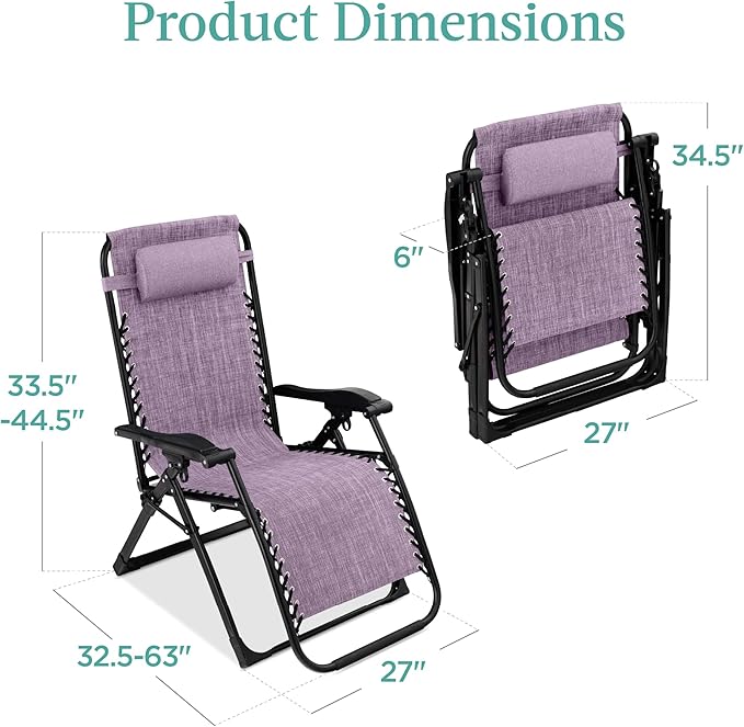 Best Choice Products Oversized Zero Gravity Chair, Folding Outdoor Patio Recliner, XL Anti Gravity Lounger w/Removable Cushion, Cup Holder, Side Tray, 350lb Capacity - Lavender - Image 2